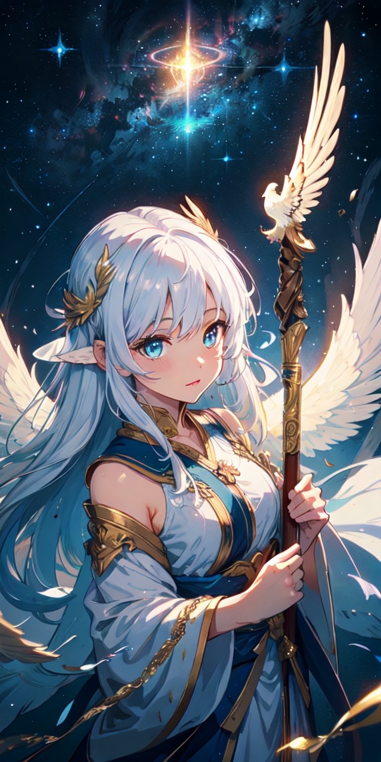 ((masterpiece)), best quality, 8k, high quality, high resolution, super detailed, ultra detailed, photorealistic, beautiful and finely detailed face and eyes, ultra detailed and detailed skin texture, expressive eyes, enchanting beauty, 1 girl, feathered wings, (celestial hair), celestial eyes, flowing robes, (divine staff), radiant aura, (heavenly guardian), celestial guardian, (heavenly chorus), ((divine serenity)), celestial realm, floating citadel, celestial constellations, (protecting realms), (serene), since eternity, Seraphiel, celestial eyes, celestial background.