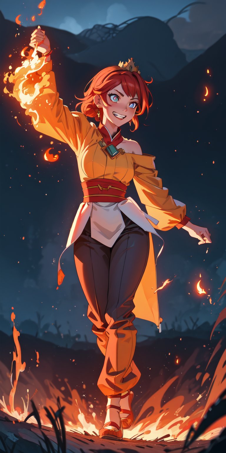 ((masterpiece)), best quality, 8k, high quality, high resolution, super detailed, ultra detailed, photorealistic, fiery and finely detailed face and eyes, ultra detailed and detailed skin texture, fiery eyes, perfect face, 1 girl, blazing red hair, (fiery attire), flaming orange eyes, (fiery crown), (infernal aura), standing before a roaring bonfire, passionate expression, ((burning grin)), twilight, fiery landscape, crackling flames, intense atmosphere, (crackling embers), (dancing flames), since primordial times, Ignia, fiery eyes, background of blazing inferno.