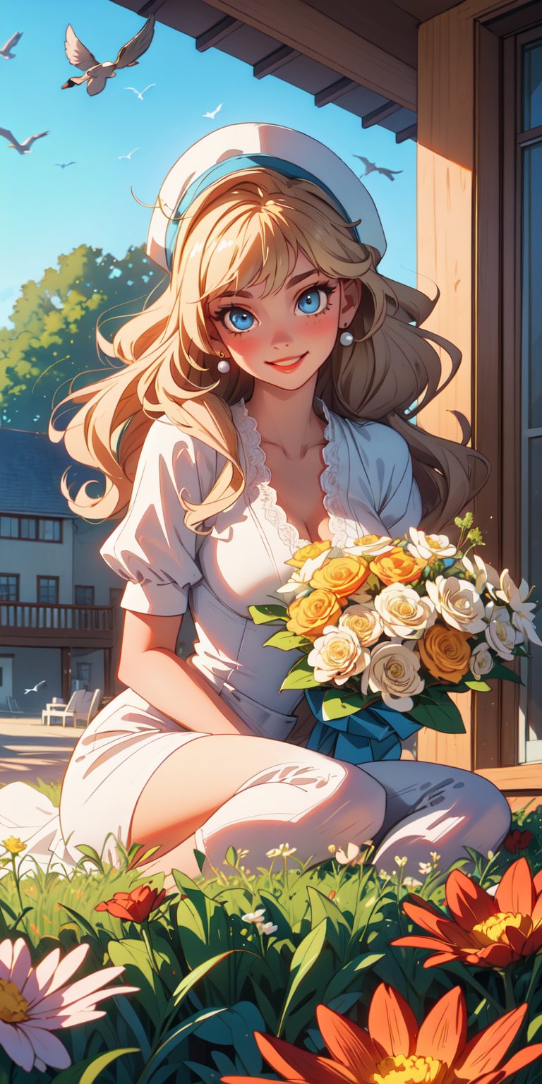 ((masterpiece)), best quality, 8k, high quality, high resolution, super detailed, ultra detailed, photorealistic, beautiful and finely detailed face and eyes, ultra detailed and detailed skin texture, expressive eyes, perfect face, 1 girl, blonde hair, (vintage dress), blue eyes, elegant demeanor, pearls, lace gloves, (flower bouquet), hat, sitting on porch, wistful gaze, ((gentle smile)), afternoon, southern mansion, sweeping veranda, nostalgic ambiance, (gentle breeze), (birds chirping), since midday, Scarlett, dreamy eyes, "Gone with the Wind" inspired background.