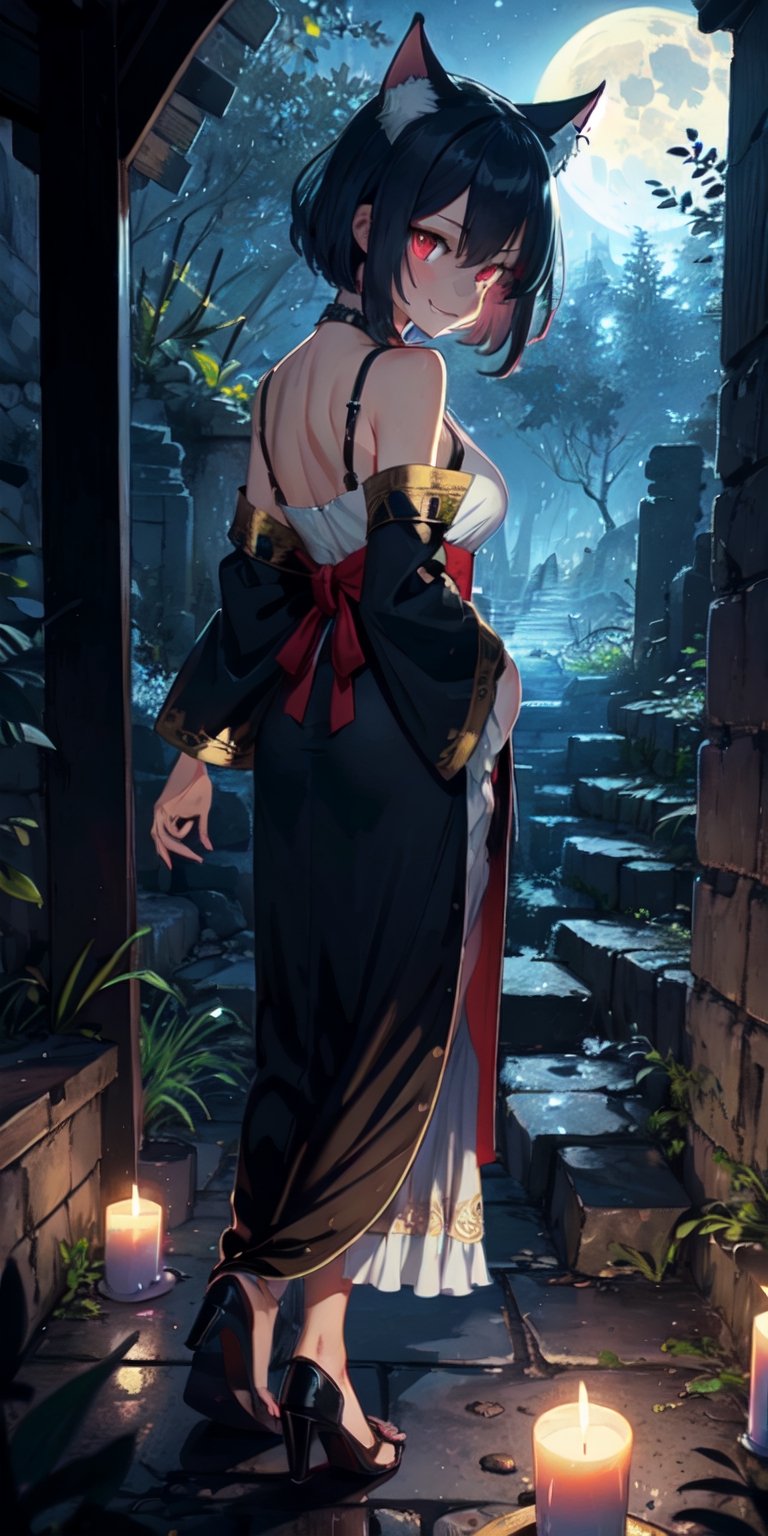 ((Masterpiece)), best quality, 8k, high quality, high resolution, super detailed, ultra detailed, photorealistic, beautiful and finely detailed face and eyes, ultra detailed and detailed skin texture, expressive eyes, 1 girl, mysterious expression, (bakeneko tail), glowing red eyes, flowing gown, hidden face, (ancient ruins), candles, cryptic stance, inscrutable gaze, ((secretive smile)), midnight, forest, full moon, cobwebs, (forbidden ritual), (cursed night), since the secret was revealed, Bakenekohime, bakeneko-like eyes, occult background.