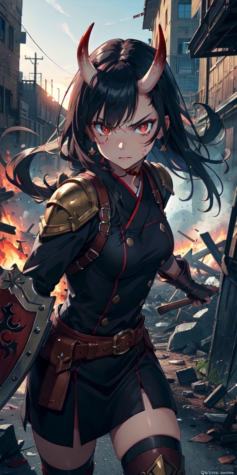 ((Masterpiece)), best quality, 8k, high quality, high resolution, super detailed, ultra detailed, photorealistic, beautiful and finely detailed face and eyes, ultra detailed and detailed skin texture, expressive eyes, 1 girl, powerful expression, (oni horns), fierce red eyes, leather armor, gauntlets, (oni club), shield, commanding stance, piercing gaze, ((fierce glare)), noon, battlefield, burning ruins, broken weapons, (war ritual), (bloody day), since the battle was won, Onihime, oni-like eyes, warlike background.