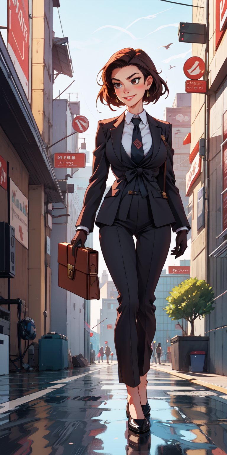 ((masterpiece)), best quality, 8k, high quality, high resolution, super detailed, ultra detailed, photorealistic, beautiful and finely detailed face and eyes, ultra detailed and detailed skin texture, expressive eyes, perfect face, 1 girl, slicked-back hair, (black suit), brown eyes, tall and lean, formal dress, no gloves, (briefcase), tie, walking briskly, focused expression, ((confident smirk)), day, bustling city street, skyscrapers, corporate ambiance, (crowded sidewalk), (city sounds), since morning, Miranda, commanding eyes, "The Devil Wears Prada" inspired background.