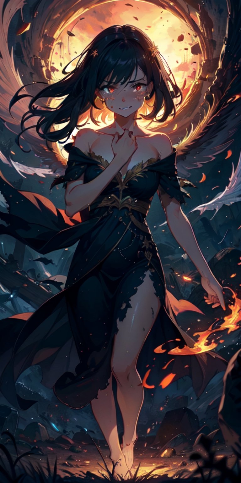 ((Masterpiece)), best quality, 8k, high quality, high resolution, super detailed, ultra detailed, photorealistic, beautiful and finely detailed face and eyes, ultra detailed and detailed skin texture, expressive eyes, 1 girl, tragic expression, (phoenix feathers), sorrowful red eyes, flowing gown, ashes, (phoenix egg), rebirth, sorrowful stance, mournful gaze, ((tearful smile)), midnight, cemetery, tombstones, fog, (forbidden ritual), (cursed night), since the love was lost, Phoenix, fiery eyes, enchanted background.