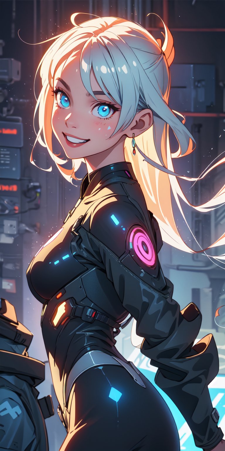 ((masterpiece)), best quality, 8k, high quality, high resolution, super detailed, ultra detailed, photorealistic, futuristic and finely detailed face and eyes, ultra detailed and detailed skin texture, cybernetic eyes, perfect face, 1 girl, sleek silver hair, (high-tech suit), augmented reality visor, (advanced enhancements), holding a holographic interface, standing in a bustling futuristic city, determined expression, ((techno smile)), day, technologically advanced metropolis, hovering vehicles, high-tech ambiance, (glowing holograms), (futuristic soundscape), since future dawned, Nova, cybernetic eyes, "The Matrix" inspired background.