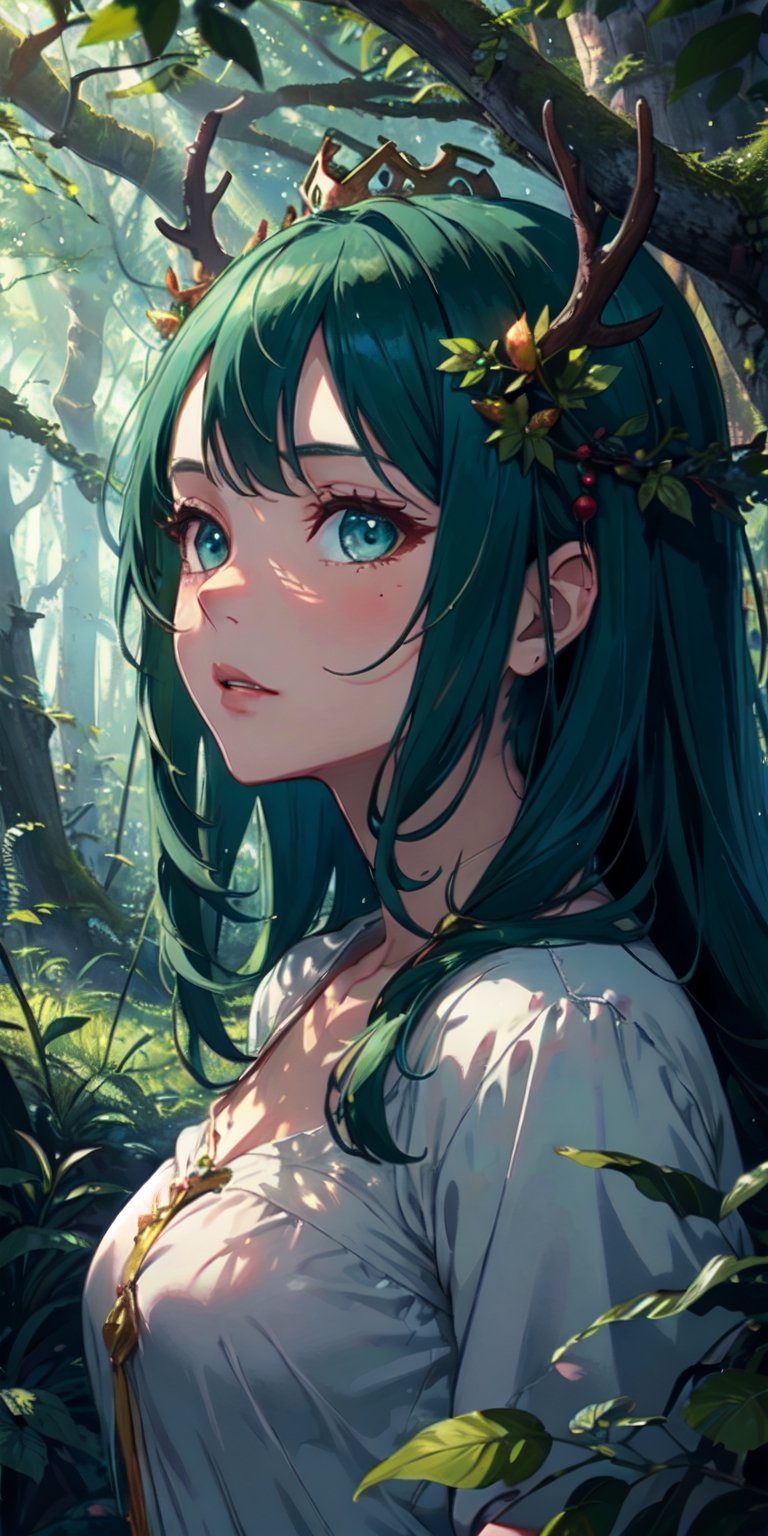 ((masterpiece)), best quality, 8k, high quality, high resolution, super detailed, ultra detailed, photorealistic, beautiful and finely detailed face and eyes, ultra detailed and detailed skin texture, expressive eyes, enchanting beauty, 1 girl, antlered crown, (forest hair), emerald eyes, leafy attire, (nature's scepter), woodland guardian, (whispering winds), forest guardian, ((natural serenity)), ancient forest, towering trees, enchanted glade, (protecting the wild), (tranquil), since time immemorial, Sylvana, sylvan eyes, woodland background.