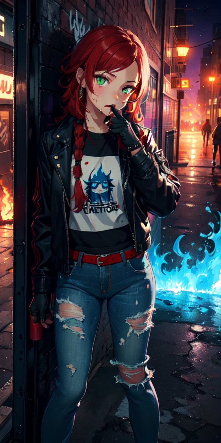 ((masterpiece)), best quality, 8k, high quality, high resolution, super detailed, ultra detailed, photorealistic, beautiful and finely detailed face and eyes, ultra detailed and detailed skin texture, expressive eyes, perfect face, 1 girl, dreadlocks, (fire-engine red hair), piercing green eyes, slender build, leather jacket, fingerless gloves, (graffiti spray can), ripped jeans, graffiti wall background, creating street art, intense expression, ((determined mouth)), night, urban alleyway, street art, (spraying graffiti), (neon lights), since twilight, Ember, rebellious eyes, urban street art background.