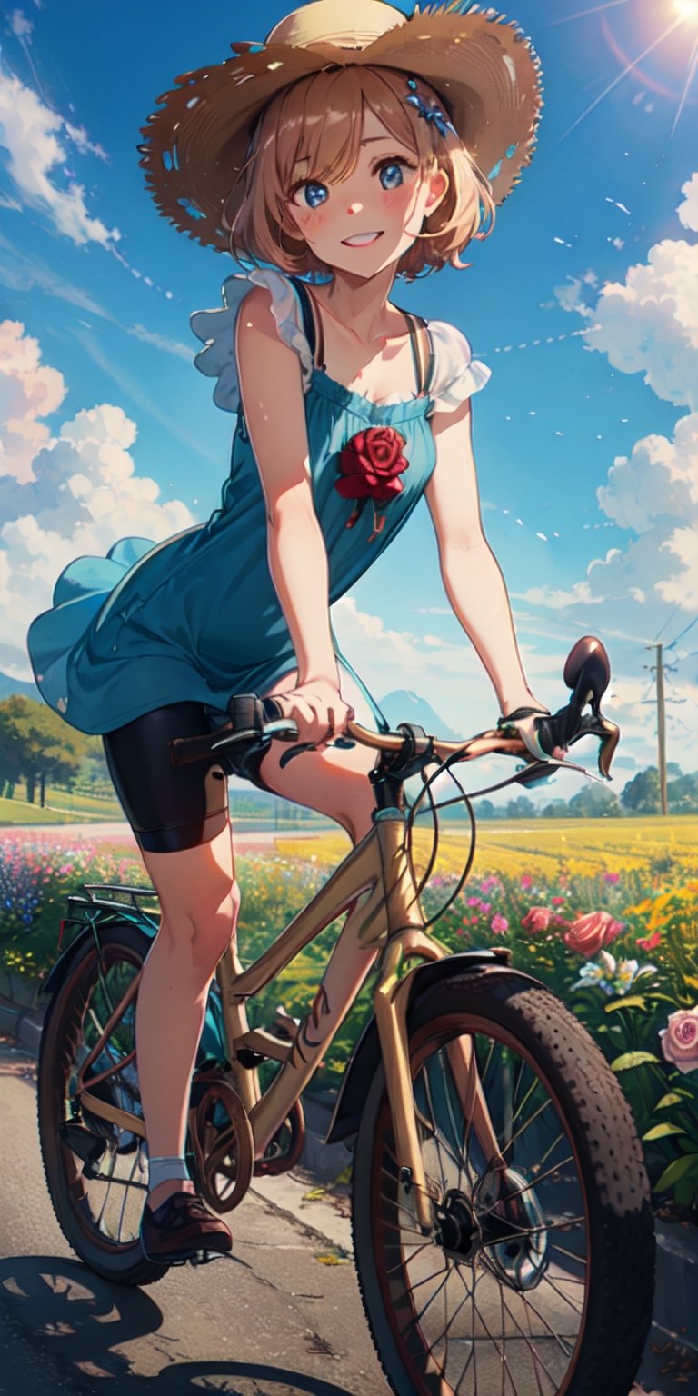 ((masterpiece)), best quality, 8k, high quality, high resolution, super detailed, ultra detailed, photorealistic, beautiful and finely detailed face and eyes, ultra detailed and detailed skin texture, expressive eyes, perfect face, 1 girl, pixie cut, (rose-gold hair), hazel eyes, petite frame, sundress, no gloves, (bicycle), sun hat, riding a bike, carefree expression, ((wide smile)), sunny, countryside road, flower fields, picnic basket, (enjoying a ride), (clear sky), since morning, Lily, carefree eyes, rural background.