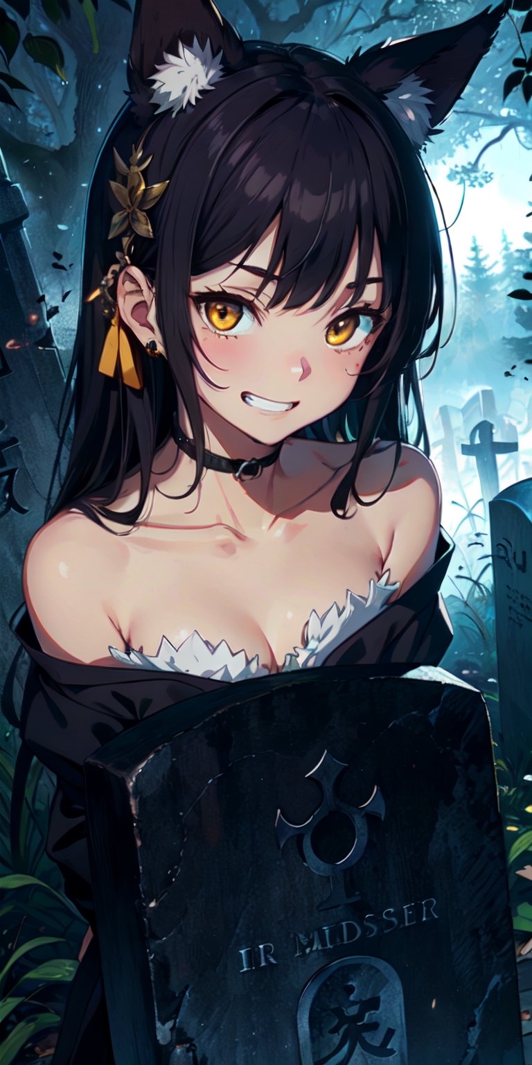 ((Masterpiece)), best quality, 8k, high quality, high resolution, super detailed, ultra detailed, photorealistic, beautiful and finely detailed face and eyes, ultra detailed and detailed skin texture, expressive eyes, 1 girl, mischievous expression, (inugami ears), cunning yellow eyes, flowing hair, bare shoulders, (graveyard), spirits, mischievous stance, playful gaze, ((giggling grin)), midnight, cemetery, tombstones, fog, (forbidden ritual), (cursed night), since the trick was played, Inugamihime, inugami-like eyes, enchanted background.