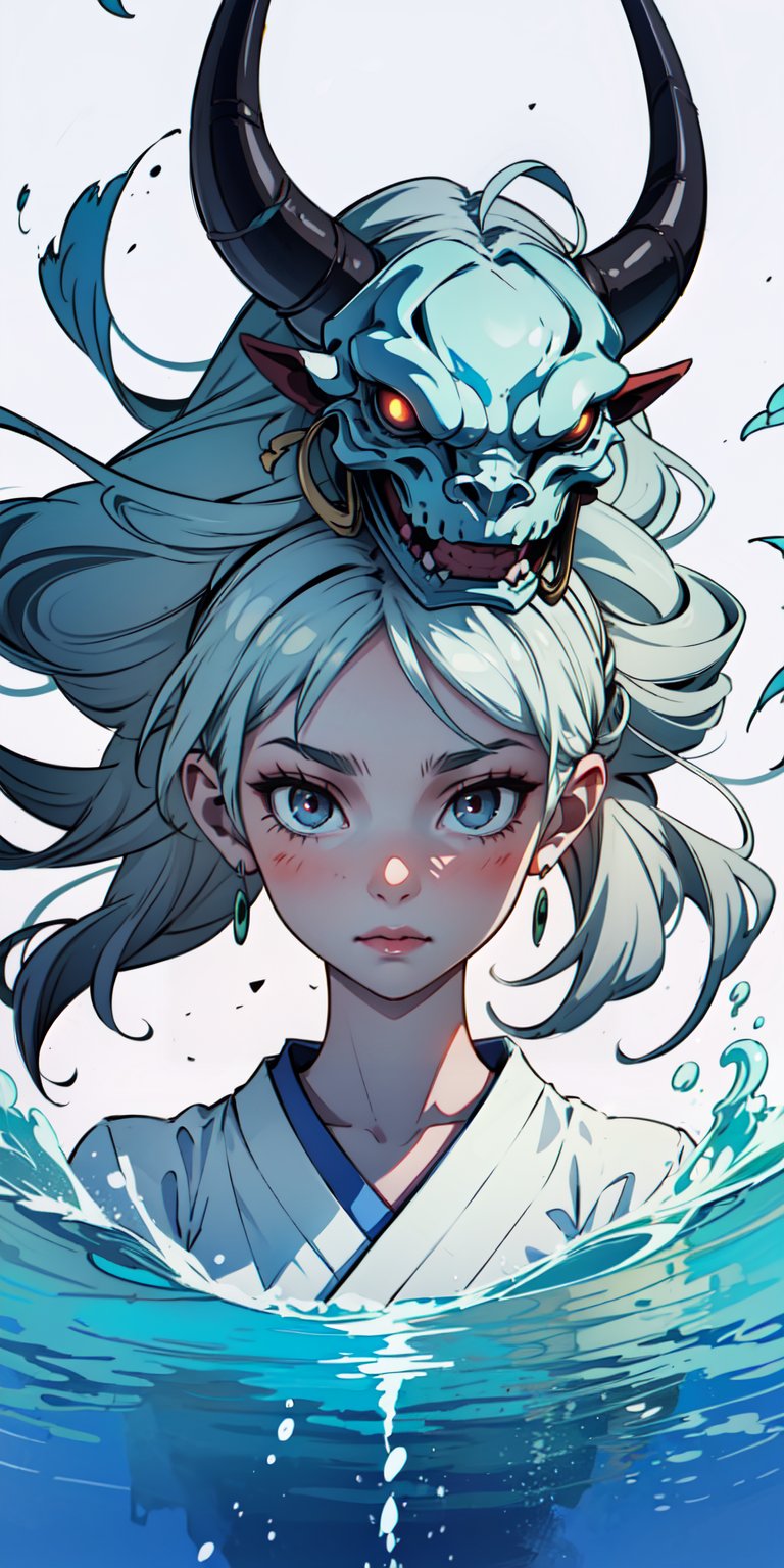 oni, demon girl, cracked porcelain mask, twisted horns, ash-gray hair, weathered, ethereal ((pale skin)), abandoned shrine, floating above water, communing with spirits, detailed face, old katana, tattered kimono, wholesome