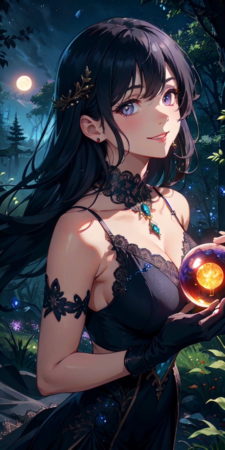 ((masterpiece)), best quality, 8k, high quality, high resolution, super detailed, ultra detailed, photorealistic, perfect hands, beautiful and finely detailed face and eyes, ultra detailed and detailed skin texture, expressive eyes, perfect face, 1 girl, flowing hair, (midnight black hair), amethyst eyes, ethereal figure, flowing gown, lace gloves, (crystal ball), mystical forest, divination, mystical expression, ((mystical smile)), night, enchanted glade, moonlight, (gazing into the future), (enchanted atmosphere), since twilight, Seraphina, mystical eyes, magical background.

