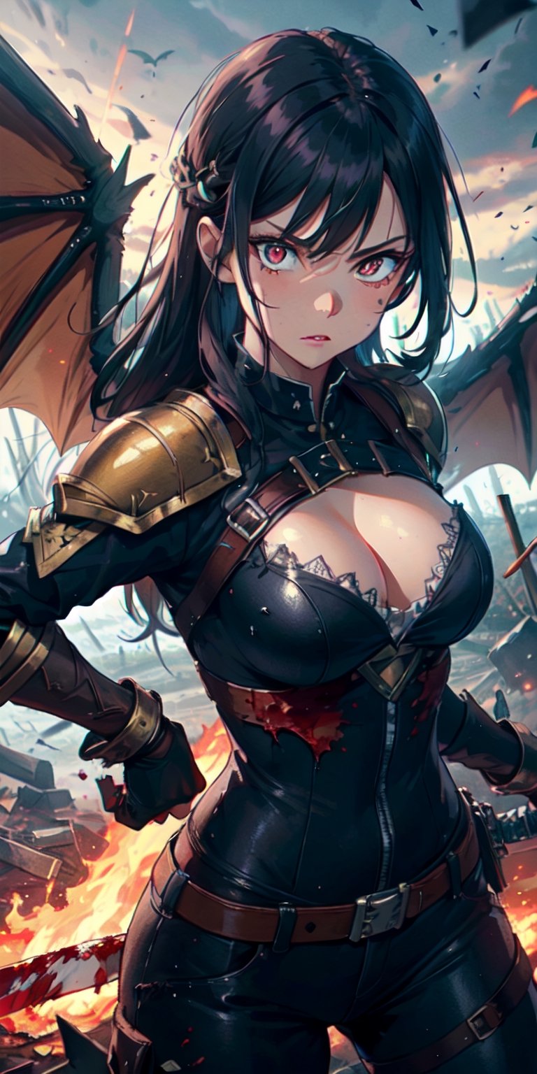 ((Masterpiece)), best quality, 8k, high quality, high resolution, super detailed, ultra detailed, photorealistic, beautiful and finely detailed face and eyes, ultra detailed and detailed skin texture, expressive eyes, 1 girl, powerful expression, (dragon wings), fiery red eyes, leather armor, gauntlets, (fiery sword), shield, commanding stance, piercing gaze, ((fierce glare)), noon, battlefield, burning ruins, broken weapons, (war ritual), (bloody day), since the battle was won, Valkyrie, battle-hardened eyes, warlike background.