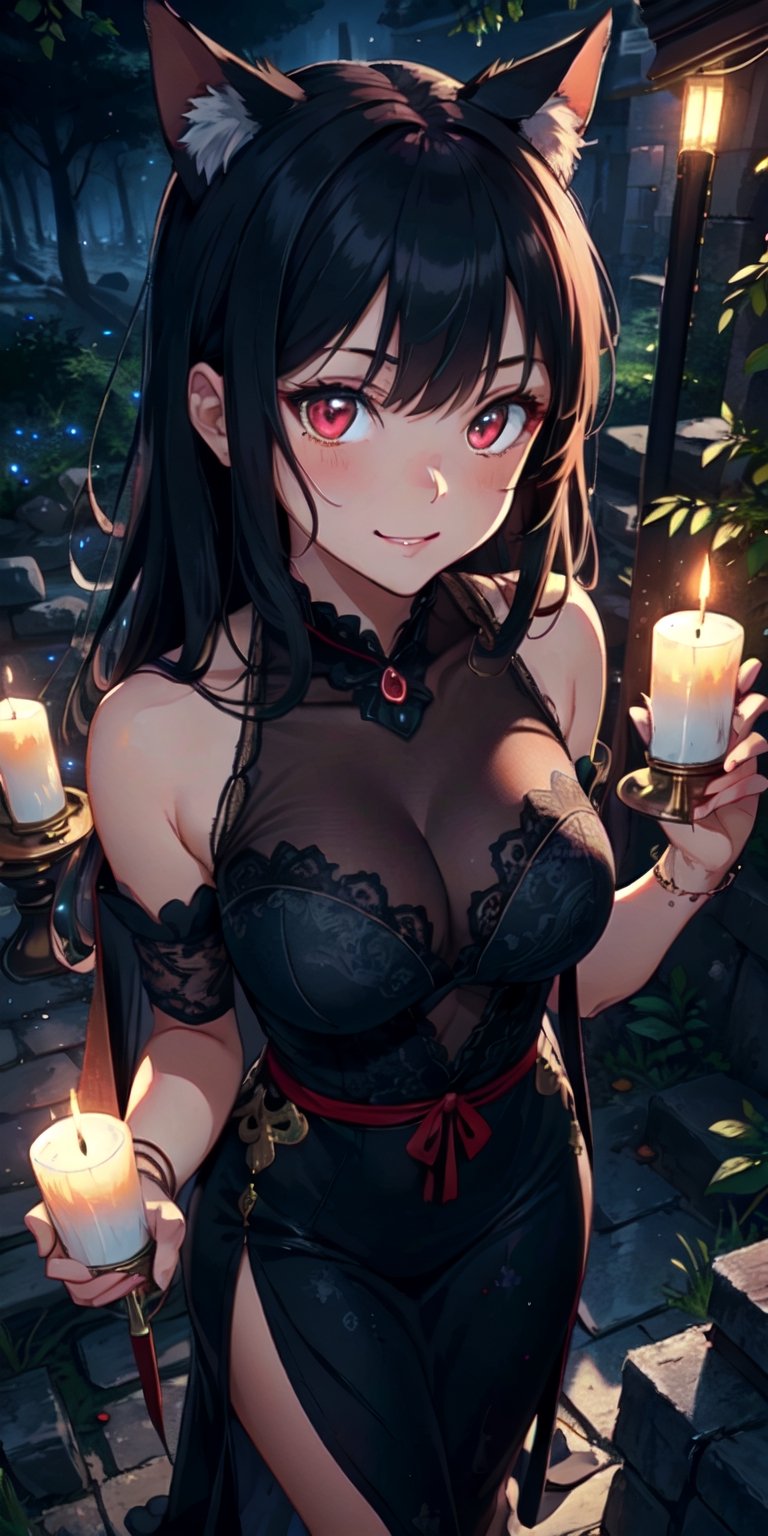 ((Masterpiece)), best quality, 8k, high quality, high resolution, super detailed, ultra detailed, photorealistic, beautiful and finely detailed face and eyes, ultra detailed and detailed skin texture, expressive eyes, 1 girl, mysterious expression, (bakeneko tail), glowing red eyes, flowing gown, hidden face, (ancient ruins), candles, cryptic stance, inscrutable gaze, ((secretive smile)), midnight, forest, full moon, cobwebs, (forbidden ritual), (cursed night), since the secret was revealed, Bakenekohime, bakeneko-like eyes, occult background.