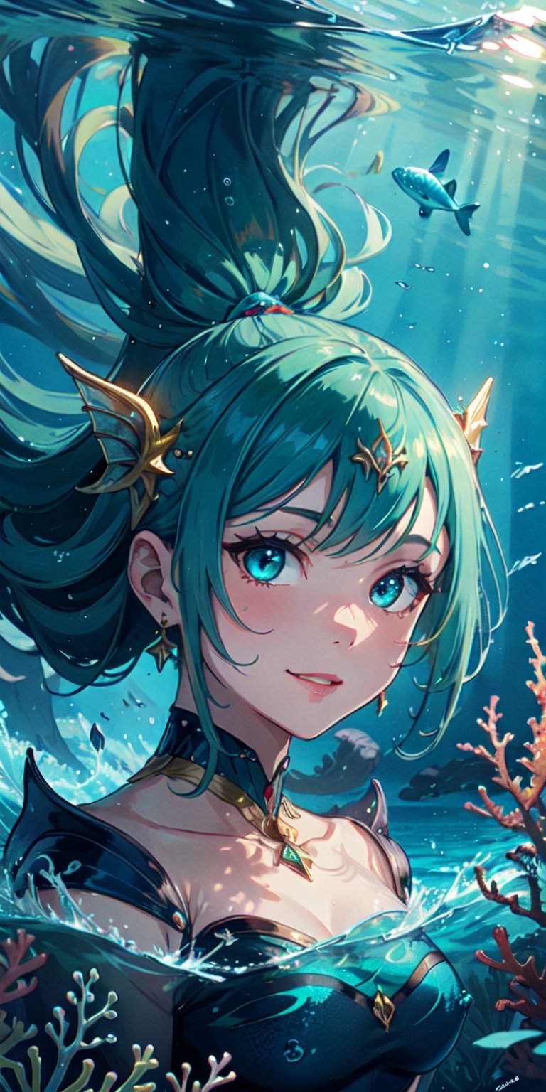 ((masterpiece)), best quality, 8k, high quality, high resolution, super detailed, ultra detailed, photorealistic, beautiful and finely detailed face and eyes, ultra detailed and detailed skin texture, expressive eyes, perfect face, enchanting beauty, 1 girl, serpentine hair, (emerald hair), mesmerizing eyes, shimmering scales, elegant gown, (golden trident), aquatic grace, (underwater realm), aquatic nymph, ethereal smile, ((siren's song)), deep ocean, coral palace, bioluminescent sea life, (luring sailors), (tranquil), since ancient times, Nereida, bewitching eyes, oceanic background.