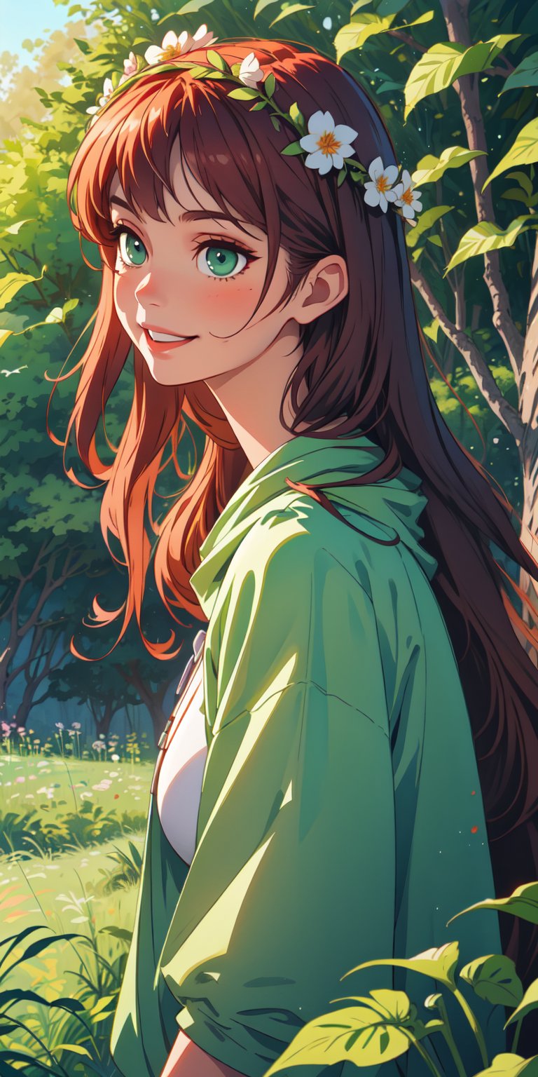 ((masterpiece)), best quality, 8k, high quality, high resolution, super detailed, ultra detailed, photorealistic, verdant and finely detailed face and eyes, ultra detailed and detailed skin texture, earthy eyes, perfect face, 1 girl, flowing auburn hair, (earthen gown), forest green eyes, (floral crown), (natural aura), surrounded by lush foliage, serene expression, ((gentle smile)), day, enchanted forest, dappled sunlight, nature's embrace, (birdsong), (rustling leaves), since ancient times, Gaia, earthy eyes, background of lush forest.