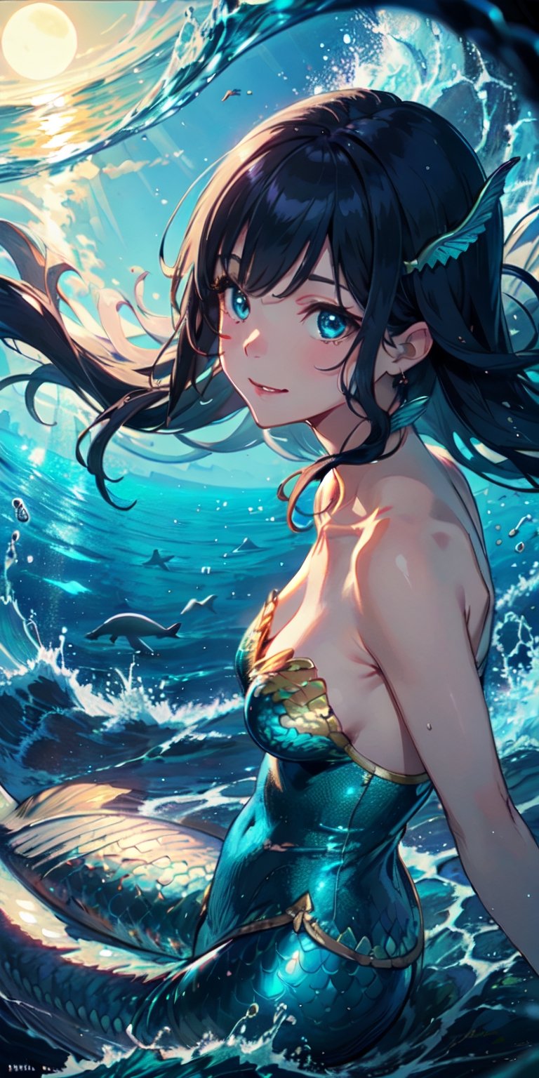 ((Masterpiece)), best quality, 8k, high quality, high resolution, super detailed, ultra detailed, photorealistic, beautiful and finely detailed face and eyes, ultra detailed and detailed skin texture, expressive eyes, 1 girl, graceful expression, (mermaid tail), sparkling blue eyes, flowing hair, bare shoulders, (ocean waves), dolphins, serene stance, dreamy gaze, ((serene smile)), dusk, beach, crashing waves, moonlight, (underwater ritual), (magical night), since the love was found, Ariel, mermaid-like eyes, enchanted background.