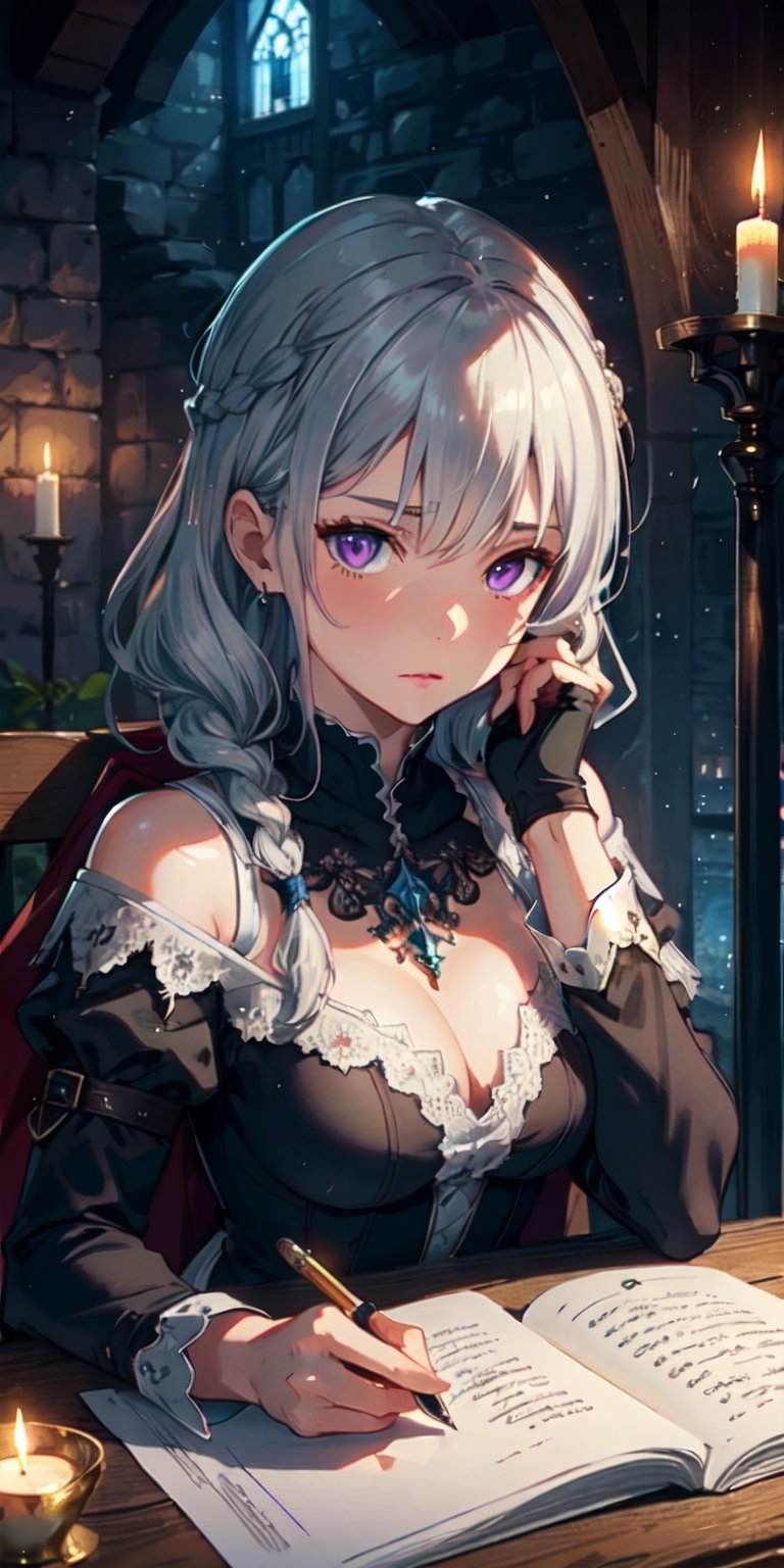 ((masterpiece)), best quality, 8k, high quality, high resolution, super detailed, ultra detailed, photorealistic, beautiful and finely detailed face and eyes, perfect hands, ultra detailed and detailed skin texture, expressive eyes, perfect face, 1 girl, braided hair, (silver hair), violet eyes, hourglass figure, medieval gown, lace gloves, (quill and parchment), castle chamber, writing a letter, thoughtful expression, ((quizzical look)), night, medieval castle, candlelight, (writing by candlelight), (medieval fantasy), since twilight, Elowen, medieval eyes, fantasy castle background.

