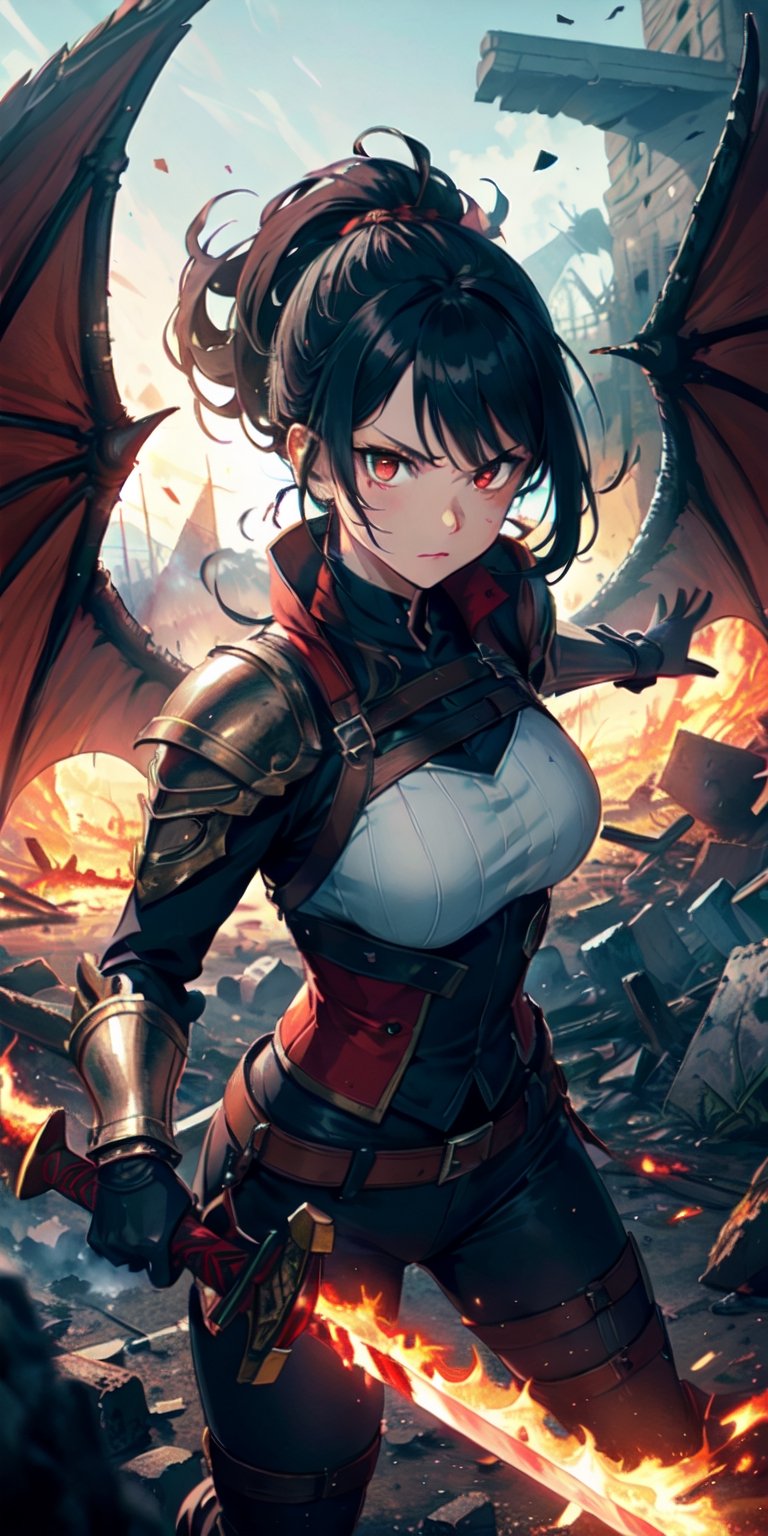 ((Masterpiece)), best quality, 8k, high quality, high resolution, super detailed, ultra detailed, photorealistic, beautiful and finely detailed face and eyes, ultra detailed and detailed skin texture, expressive eyes, 1 girl, powerful expression, (dragon wings), fiery red eyes, leather armor, gauntlets, (fiery sword), shield, commanding stance, piercing gaze, ((fierce glare)), noon, battlefield, burning ruins, broken weapons, (war ritual), (bloody day), since the battle was won, Valkyrie, battle-hardened eyes, warlike background.