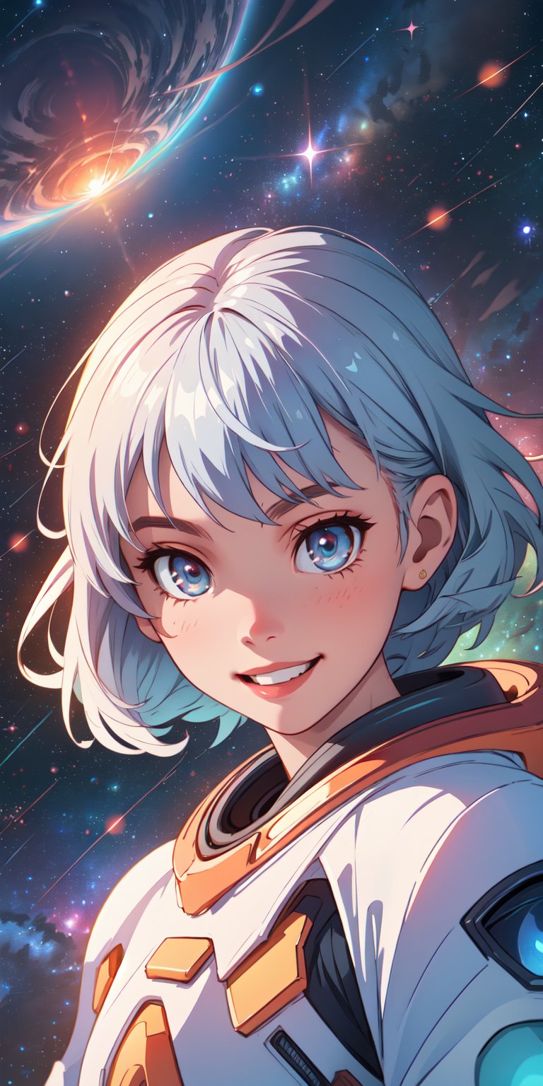 ((masterpiece)), best quality, 8k, high quality, high resolution, super detailed, ultra detailed, photorealistic, spacefaring and finely detailed face and eyes, ultra detailed and detailed skin texture, starlit eyes, perfect face, 1 girl, silvery space suit, (interstellar explorer), cosmic adventurer, (intergalactic aura), holding a holographic star map, floating in the void of deep space, awe-filled expression, ((stellar smile)), night, starlit cosmos, distant galaxies, astronomical wonder, (twinkling stars), (celestial silence), since cosmic dawn, Stella, stardust eyes, "Interstellar" inspired background.