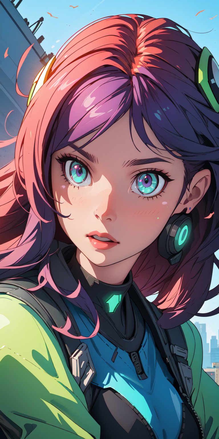 ((masterpiece)), best quality, 8k, high quality, high resolution, super detailed, ultra detailed, photorealistic, beautiful and finely detailed face and eyes, ultra detailed and detailed skin texture, expressive eyes, perfect face, 1 girl, vibrant purple hair, (mechanical exosuit), glowing green eyes, utility belt, armored vest, (energy gauntlets), helmet with heads-up display, in an industrial cyberpunk environment, determined expression, ((resolute mouth)), day, dystopian cityscape, towering skyscrapers, high-tech ambiance, (buzzing drones), (metallic echoes), since dawn, Aria, augmented eyes, "Alita: Battle Angel" inspired background.