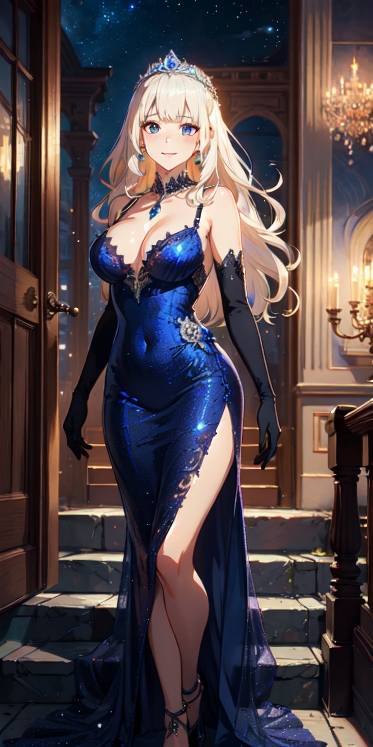 ((masterpiece)), best quality, 8k, high quality, high resolution, super detailed, ultra detailed, photorealistic, beautiful and finely detailed face and eyes, ultra detailed and detailed skin texture, expressive eyes, perfect face, 1 girl, long hair, (platinum blonde hair), sapphire eyes, hourglass figure, ball gown, satin gloves, (crystal tiara), elegant updo, descending a grand staircase, regal expression, ((queenly smile)), night, palace ballroom, chandeliers, grand staircase, (making a grand entrance), (starry night), since evening, Isabella, regal eyes, royal ball background.