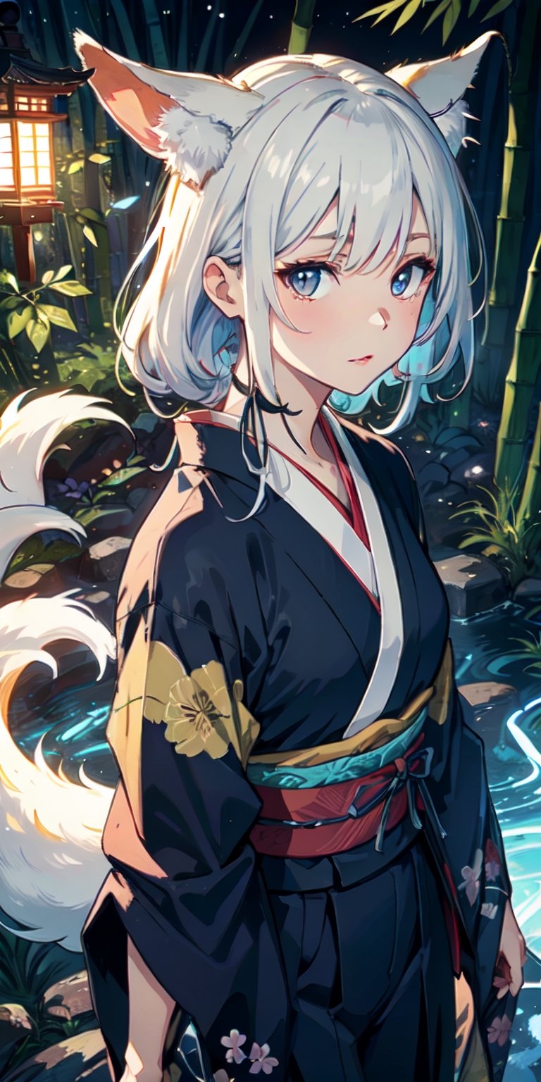 ((masterpiece)), best quality, 8k, high quality, high resolution, super detailed, ultra detailed, photorealistic, beautiful and finely detailed face and eyes, ultra detailed and detailed skin texture, expressive eyes, 1 girl, dual tails, (kitsune hair), enigmatic eyes, silken kimono, (enchanted fan), kitsune mischief, (shapeshifting tricks), kitsune enchantress, ((mysterious allure)), moonlit forest, bamboo grove, mystical shrines, (weaving illusions), (tranquil), since time immemorial, Akari, enigmatic eyes, Japanese folklore background.