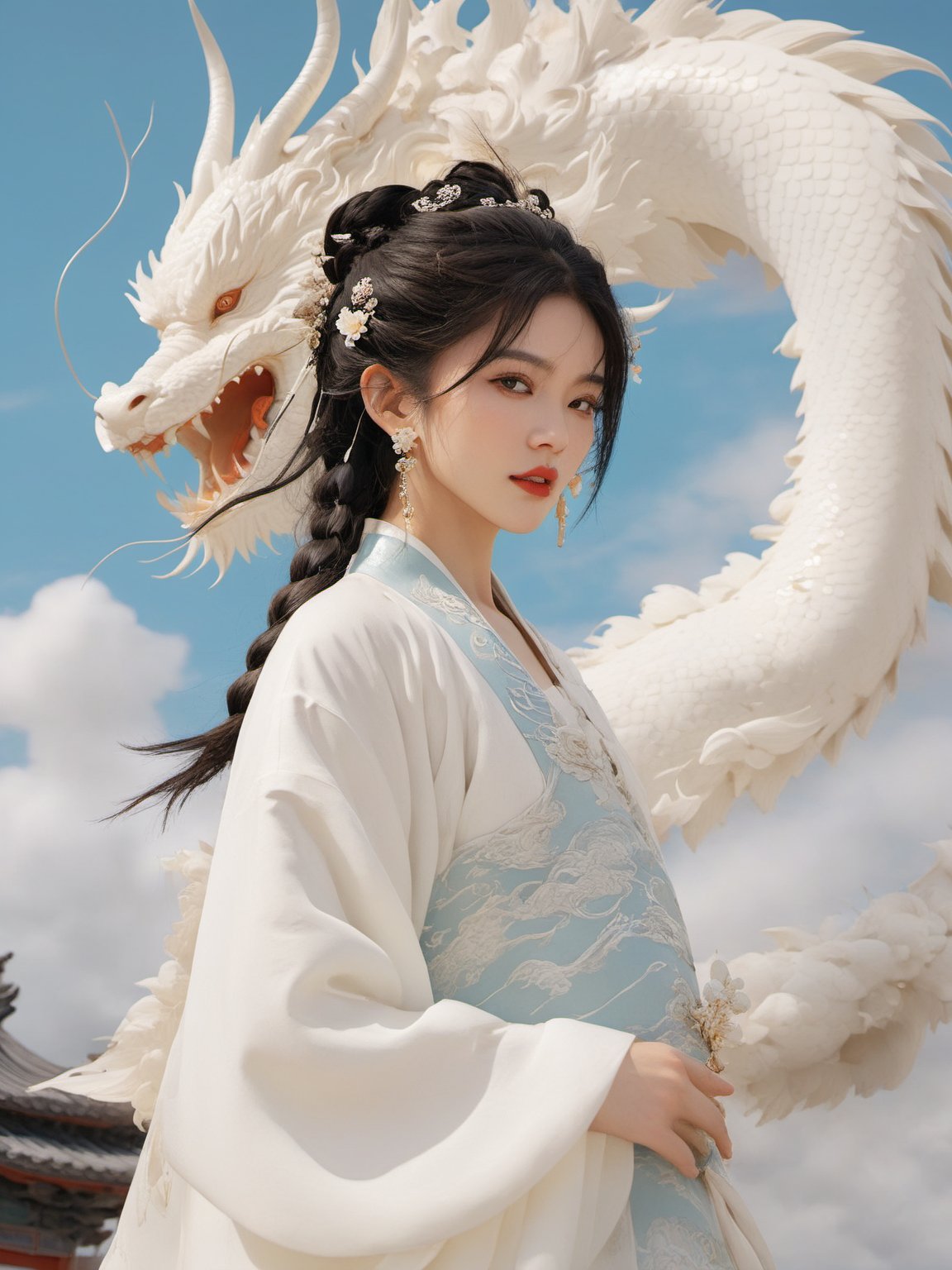 1girl, solo, hair ornament, bug, braid, jewelry, long hair, black hair, flower, chinese clothes, earrings, long sleeves, dress, cloud of surrounding, building from afar, dragon, white hanfu, ornament, chakra, 
,mythical clouds,daxiushan, realistic, ,xxmixgirl,3d figure