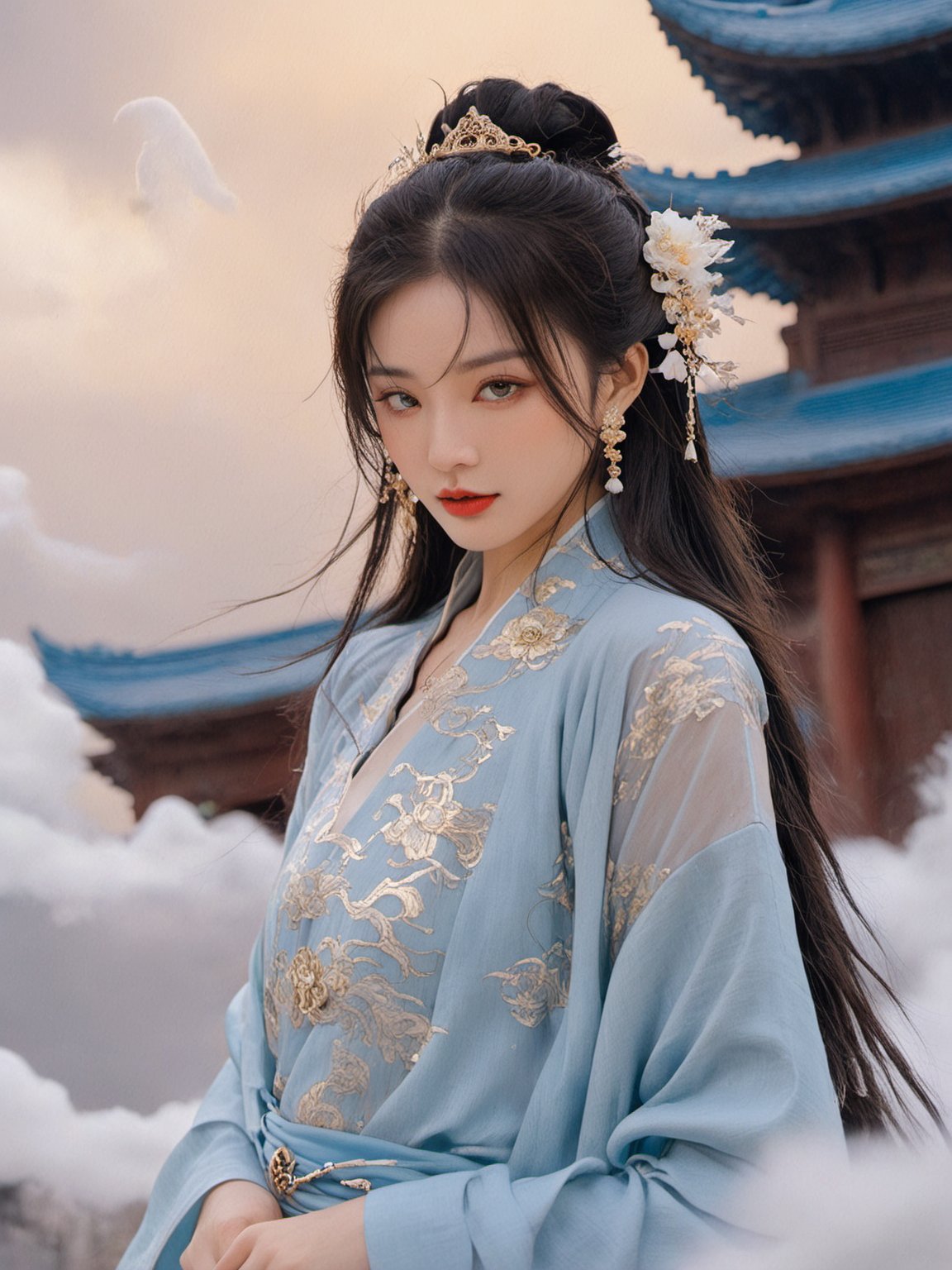 1girl, solo, hair ornament, bug, braid, jewelry, long hair, black hair, flower, chinese clothes, earrings, upper body, long sleeves, dress, cloud of surrounding, building from afar, 
,mythical clouds,daxiushan, realistic, ,xxmixgirl