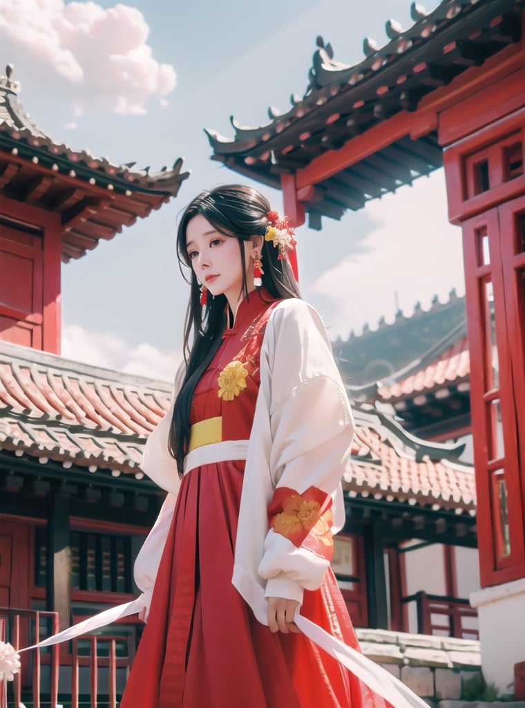 1girl, solo, hair ornament, long hair, black hair, flower, chinese clothes, earrings, long sleeves, dress, cloud of surrounding, red mansion, play quqin, red hanfu, ornament, chakra, , mythical clouds, ,urban techwear