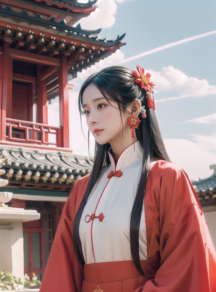 1girl, solo, hair ornament, long hair, black hair, flower, chinese clothes, earrings, long sleeves, dress, cloud of surrounding, red mansion, play quqin, red hanfu, ornament, chakra, , mythical clouds, ,urban techwear, realistic, detailed face,