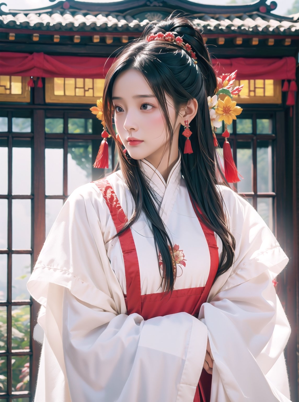 1girl, solo, hair ornament, long hair, black hair, flower, chinese clothes, earrings, long sleeves, dress, cloud of surrounding, red mansion, play quqin, red hanfu, ornament, chakra, , mythical clouds, ,urban techwear, realistic, detailed face,