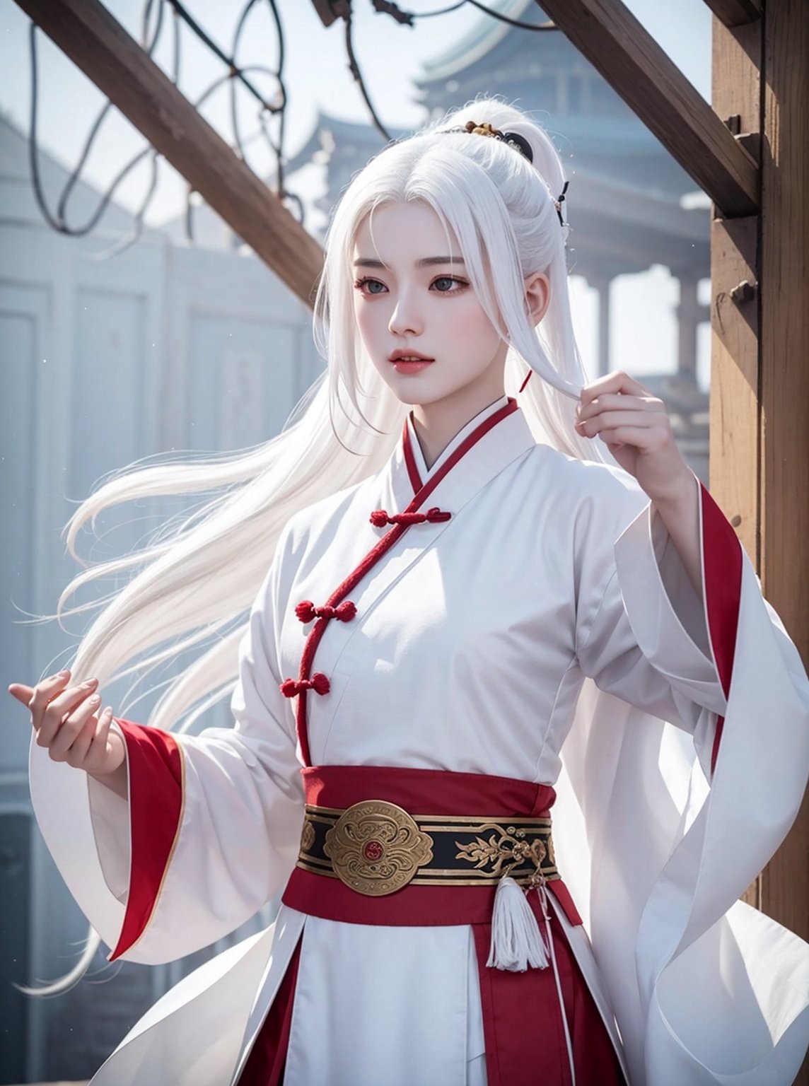 white hair, 20 years old, women, elegant, xian xia, ancient martial art  school, detailed arena, fighting, spectator, hanfu, 