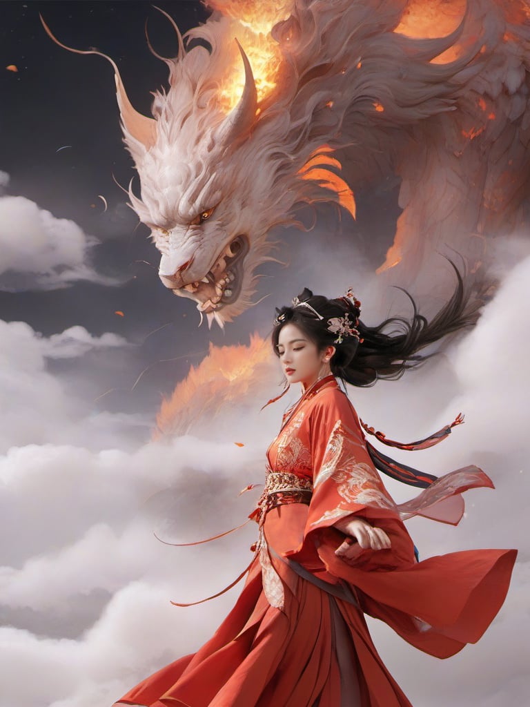 1girl, solo, hair ornament, bug, jewelry, long hair, black hair, flower, chinese clothes, earrings, long sleeves, dress, cloud of surrounding, building from afar, fire bird, suzaku, phoenix, red  hanfu, ornament, chakra, 
,mythical clouds,daxiushan, realistic, ,xxmixgirl,3d figure,EpicSky,daxiushan style