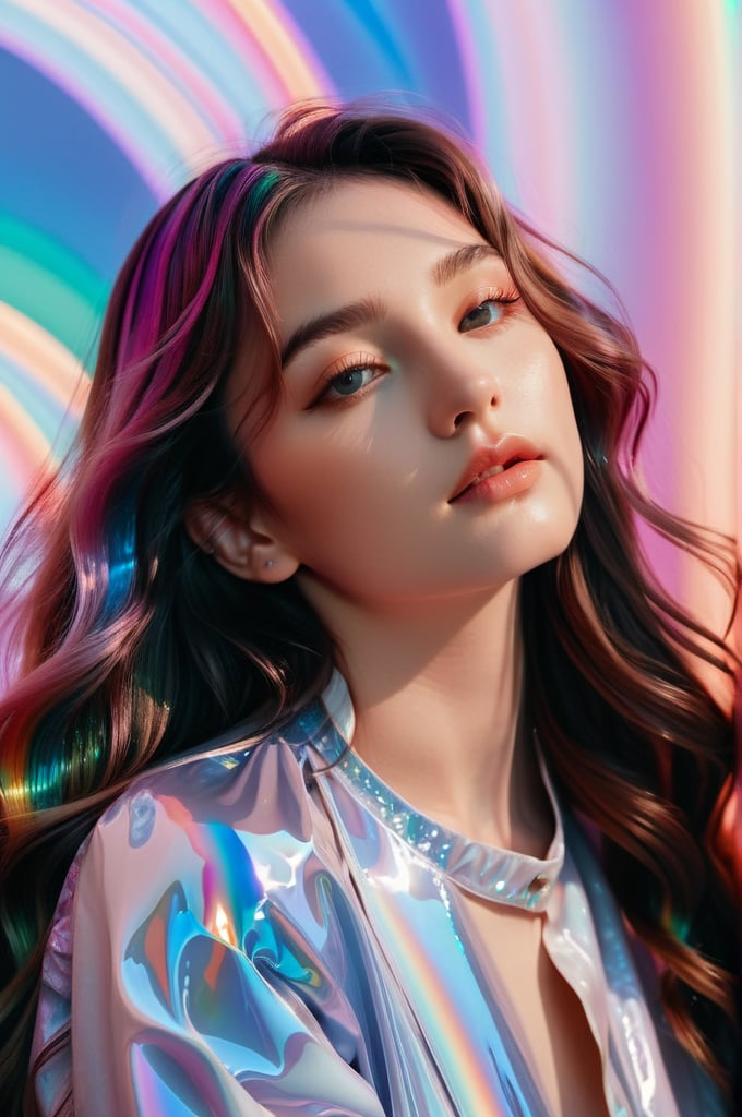 portrait, 1 girl, solo, long wavy hair, flowing rainbow colored holographic background, holographic, iridescent, vaporwave, fluid, lying from the front point pose, high fashion, realistic