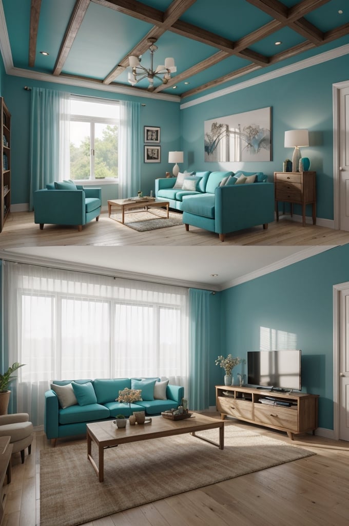 Interior design living room, Colors: Turquoise, Brown, and Teal, 3D rendered, masterpiece, beautiful, modern design, high ceiling, large shop, cozy atmosphere, realistic colors, detailed, widescreen, full picture, ultra-high definition, extremely detailed, photorealistic, high resolution interior design, extremely high detailed beautiful modern lighting,