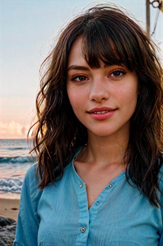 portrait of beautiful 21 year old woman alive, realistic perfect detailed face, chestnut brown hair wavy hair with bangs, luscious long hair, hazel eyes, reflective eyes, lovely smile, realistic skin, highly detailed skin texture, natural skin, gentle soul, lovely, hospitable, conservative, thoughtful, modest, humble, good, kind, stunning realistic photograph, beautiful sea shoreline background, the water is seen to be slowly running low on the shore, small waves are also observed crashing on the shoreline. the surface of the sea is seen to appear blue in color, best quality, beautiful lighting, dramatic lighting, extremely detailed, bokeh