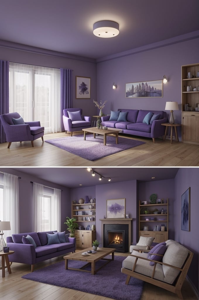 Interior design living room, Colors: Purple and Blue,  3D rendered, masterpiece, beautiful, modern design, high ceiling, large shop, cozy atmosphere, realistic colors, detailed, widescreen, full picture, ultra-high definition, extremely detailed, photorealistic, high resolution interior design, extremely high detailed beautiful modern lighting,