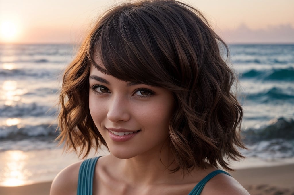 portrait of beautiful 21 year old woman alive, realistic perfect detailed face, chestnut brown hair wavy hair with bangs, luscious long hair, hazel eyes, reflective eyes, lovely smile, realistic skin, highly detailed skin texture, natural skin, gentle soul, lovely, hospitable, conservative, thoughtful, modest, humble, good, kind, stunning realistic photograph, panorama, beautiful sunset, beautiful sea shoreline background, the water is seen to be slowly running low on the shore, small waves are also observed crashing on the shoreline. the surface of the sea is seen to appear blue in color, best quality, beautiful lighting, dramatic lighting, extremely detailed, bokeh