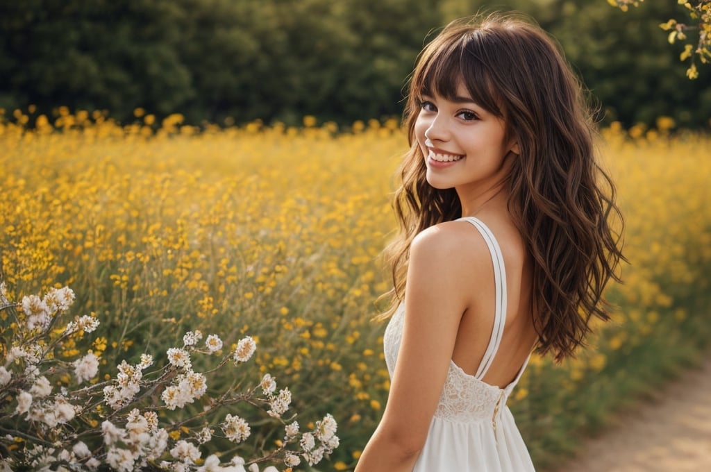 beautiful woman walking in blooming fields of flowers, beautiful spring summer scenic landscape, whole body, chestnut brown hair wavy hair with bangs, luscious long hair, hazel eyes, reflective eyes, lovely smile, realistic skin, highly detailed skin texture, natural skin, cheerful backgroud, best quality, beautiful lighting, dramatic lighting, extremely detailed, bokeh