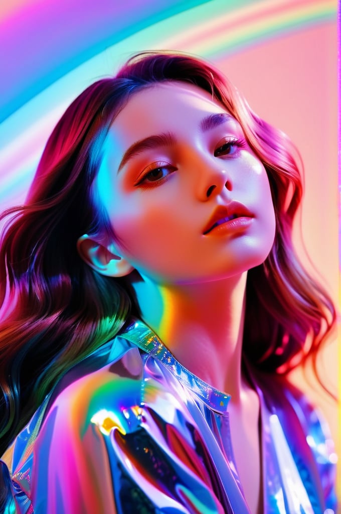 portrait, 1 girl, solo, long wavy hair, flowing rainbow colored holographic background, holographic, iridescent, vaporwave, fluid, lying from the front point pose, high fashion, realistic