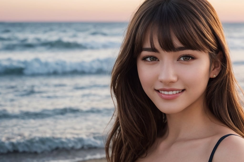 portrait of beautiful 21 year old woman alive, realistic perfect detailed face, chestnut brown hair wavy hair with bangs, luscious long hair, hazel eyes, reflective eyes, lovely smile, realistic skin, highly detailed skin texture, natural skin, gentle soul, lovely, hospitable, conservative, thoughtful, modest, humble, good, kind, stunning realistic photograph, panorama, beautiful sunset, beautiful sea shoreline background, the water is seen to be slowly running low on the shore, small waves are also observed crashing on the shoreline. the surface of the sea is seen to appear blue in color, best quality, beautiful lighting, dramatic lighting, extremely detailed, bokeh