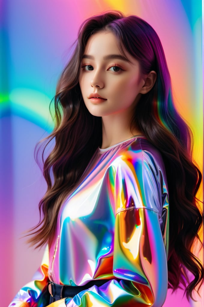 portrait, 1 girl, solo, long wavy hair, flowing rainbow colored holographic background, holographic, iridescent, vaporwave, fluid, standing without support pose in studio, realistic