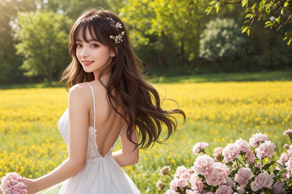 beautiful woman walking in blooming fields of flowers, beautiful spring summer scenic landscape, whole body, chestnut brown hair wavy hair with bangs, luscious long hair, hazel eyes, reflective eyes, lovely smile, realistic skin, highly detailed skin texture, natural skin, cheerful backgroud, best quality, beautiful lighting, dramatic lighting, extremely detailed, bokeh