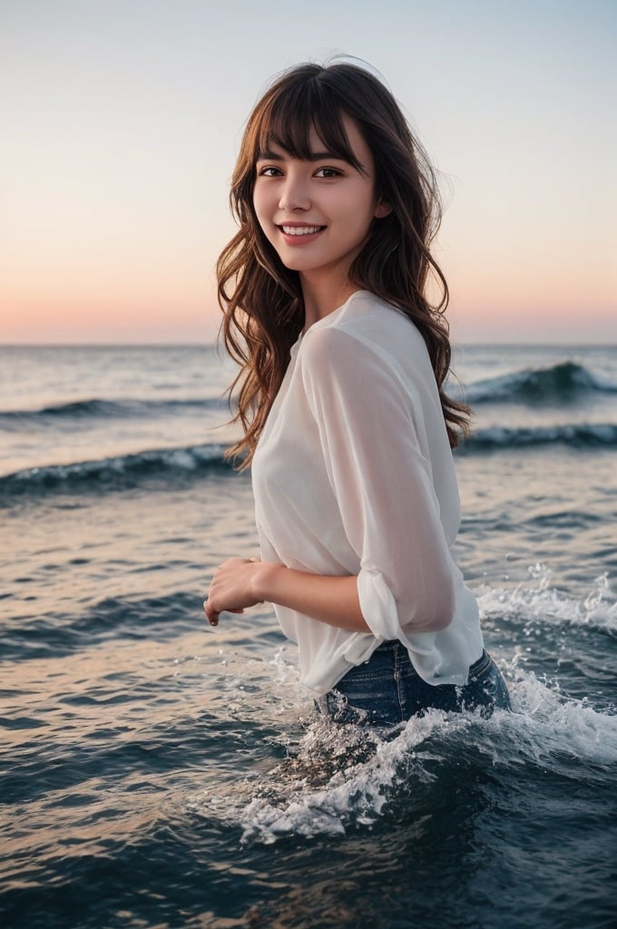 portrait of beautiful 21 year old woman alive, realistic perfect detailed face, chestnut brown hair wavy hair with bangs, luscious long hair, hazel eyes, reflective eyes, lovely smile, realistic skin, highly detailed skin texture, natural skin, gentle soul, lovely, hospitable, conservative, thoughtful, modest, humble, good, kind, stunning realistic photograph, beautiful sea shoreline background, the water is seen to be slowly running low on the shore, small waves are also observed crashing on the shoreline. the surface of the sea is seen to appear blue in color, best quality, beautiful lighting, dramatic lighting, extremely detailed, bokeh