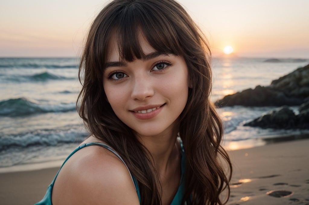 portrait of beautiful 21 year old woman alive, realistic perfect detailed face, chestnut brown hair wavy hair with bangs, luscious long hair, hazel eyes, reflective eyes, lovely smile, realistic skin, highly detailed skin texture, natural skin, gentle soul, lovely, hospitable, conservative, thoughtful, modest, humble, good, kind, stunning realistic photograph, panorama, beautiful sunset, beautiful sea shoreline background, the water is seen to be slowly running low on the shore, small waves are also observed crashing on the shoreline. the surface of the sea is seen to appear blue in color, best quality, beautiful lighting, dramatic lighting, extremely detailed, bokeh