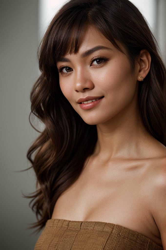 Portrait of beautiful Filipina woman, Conservative, Stunning realistic photograph, realistic perfect detailed face, chestnut brown hair wavy hair with bangs, luscious long hair, hazel eyes, reflective eyes, lovely smile, realistic skin, highly detailed skin texture, natural skin, gentle soul, lovely, hospitable, conservative, thoughtful, modest, humble, good, kind, stunning realistic photograph, high fashion, 8k Instagram post of the beautiful fashion model in the world, best quality, beautiful lighting, dramatic lighting, extremely detailed, bokeh