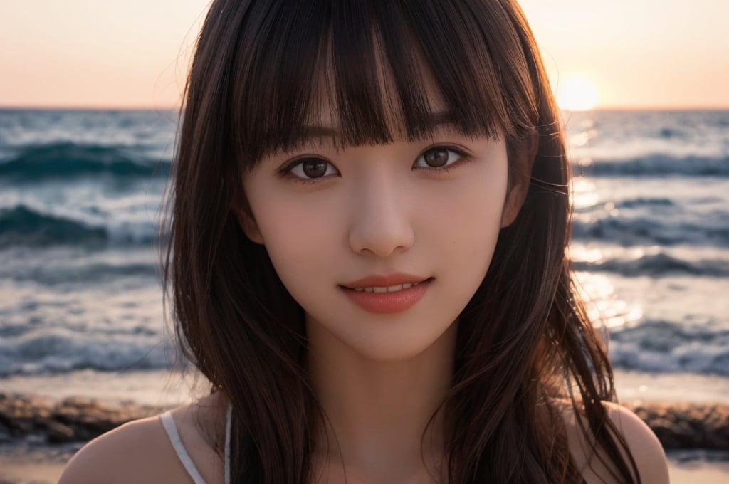 portrait of beautiful 21 year old woman alive, realistic perfect detailed face, chestnut brown hair wavy hair with bangs, luscious long hair, hazel eyes, reflective eyes, lovely smile, realistic skin, highly detailed skin texture, natural skin, gentle soul, lovely, hospitable, conservative, thoughtful, modest, humble, good, kind, stunning realistic photograph, panorama, beautiful sunset, beautiful sea shoreline background, the water is seen to be slowly running low on the shore, small waves are also observed crashing on the shoreline. the surface of the sea is seen to appear blue in color, best quality, beautiful lighting, dramatic lighting, extremely detailed, bokeh