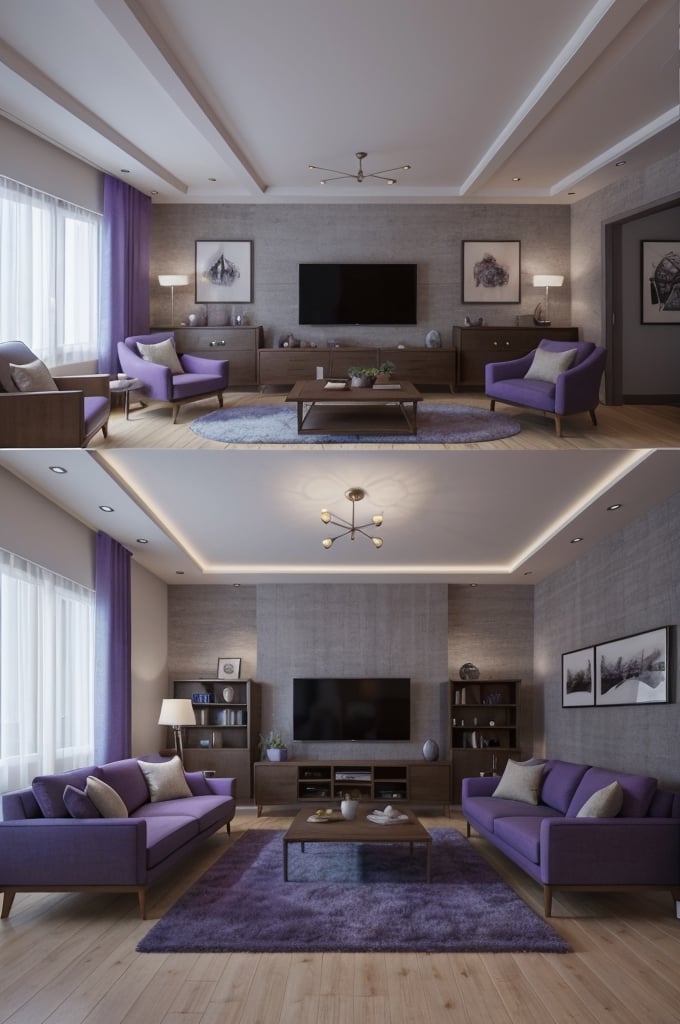 Interior design living room, Colors: Purple and Blue,  3D rendered, masterpiece, beautiful, modern design, high ceiling, large shop, cozy atmosphere, realistic colors, detailed, widescreen, full picture, ultra-high definition, extremely detailed, photorealistic, high resolution interior design, extremely high detailed beautiful modern lighting,