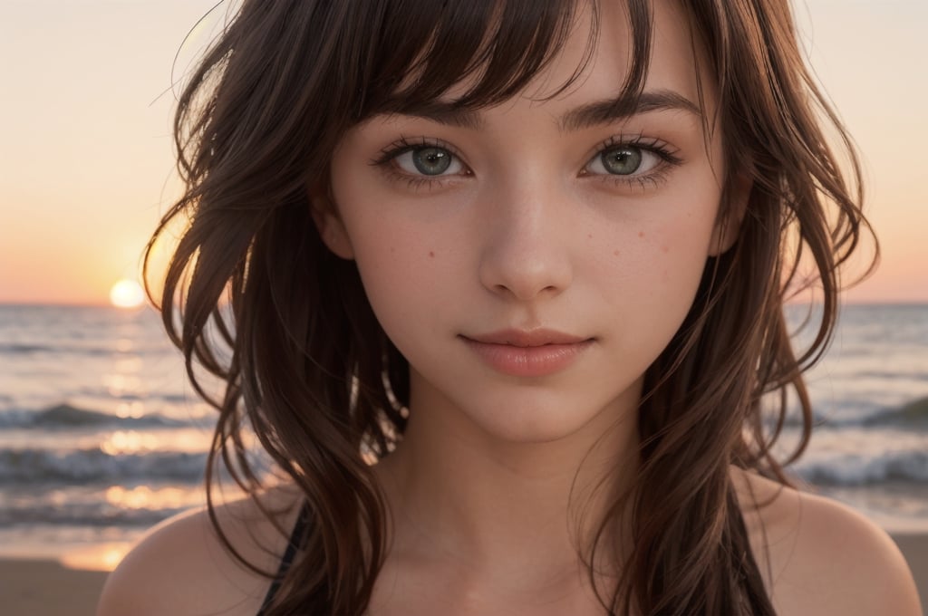 portrait of beautiful 21 year old woman alive, realistic perfect detailed face, chestnut brown hair wavy hair with bangs, luscious long hair, hazel eyes, reflective eyes, lovely smile, realistic skin, highly detailed skin texture, natural skin, gentle soul, lovely, hospitable, conservative, thoughtful, modest, humble, good, kind, stunning realistic photograph, panorama, beautiful sunset, beautiful sea shoreline background, the water is seen to be slowly running low on the shore, small waves are also observed crashing on the shoreline. the surface of the sea is seen to appear blue in color, best quality, beautiful lighting, dramatic lighting, extremely detailed, bokeh