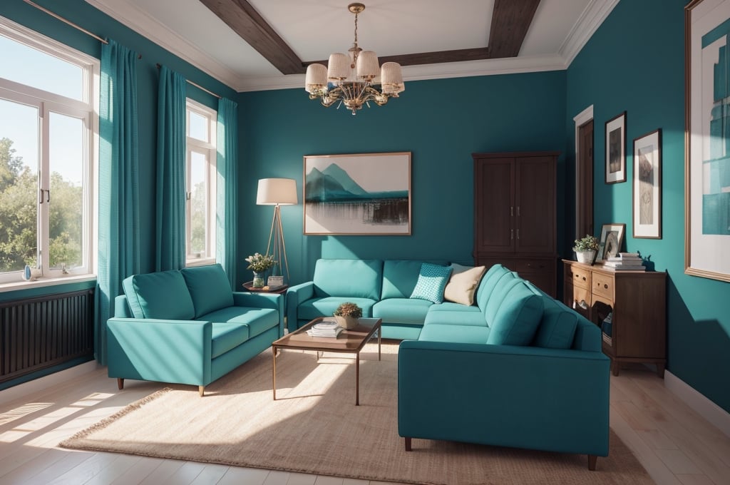 Interior design living room, Colors:  Turquoise, Brown, and Teal, 3D rendered, masterpiece, beautiful, modern design, high ceiling, large shop, cozy atmosphere, realistic colors, detailed, widescreen, full picture, ultra-high definition, extremely detailed, photorealistic, high resolution interior design, extremely high detailed beautiful modern lighting,