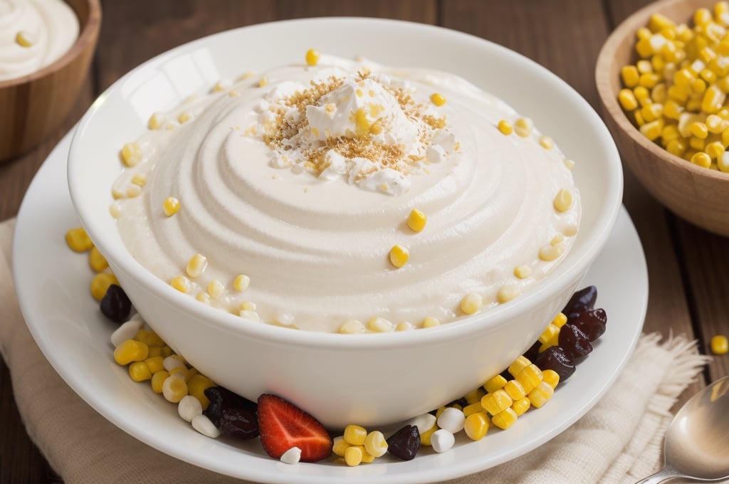 Filipino fruit salad with canned fruit cocktail, shredded young coconut, nata de coco, kaong, whole corn kernels, raisins and cheese, bathed in a deliciously sweet and creamy dressing made of all purpose cream and condensed milk.